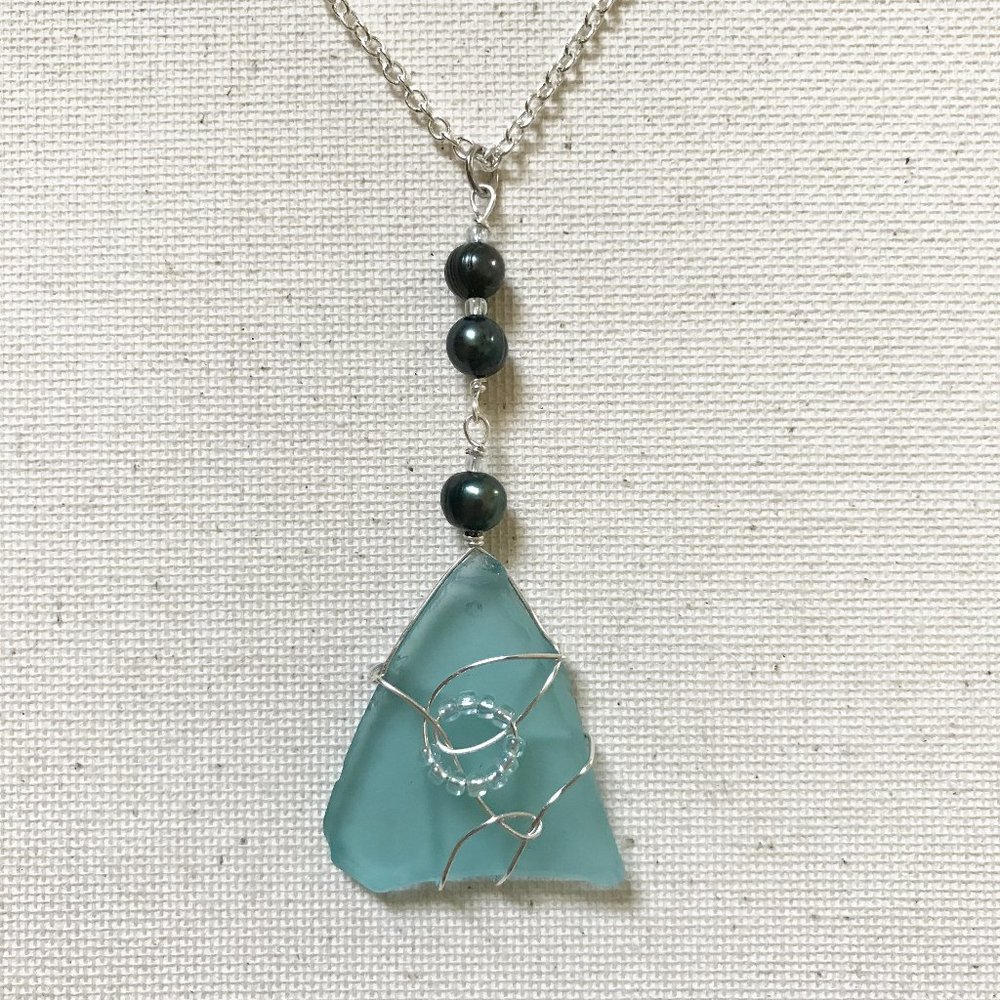 Turquoise Ocean Sea Glass with Blue Pearl Necklace Mermaid Boho Summer Surf